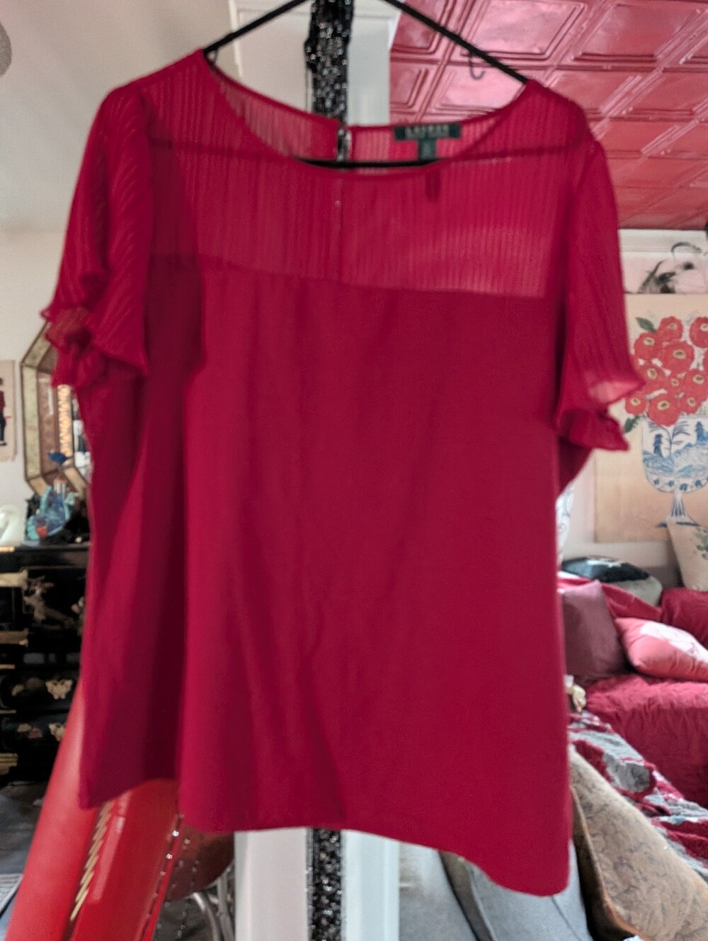 Ralph Lauren Red Pleated Yoke Flutter Sleeve Blouse